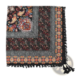 Bohemian floral square scarf tassel shawl in black with intricate orange red blue and white paisley geometric patterns and tassels