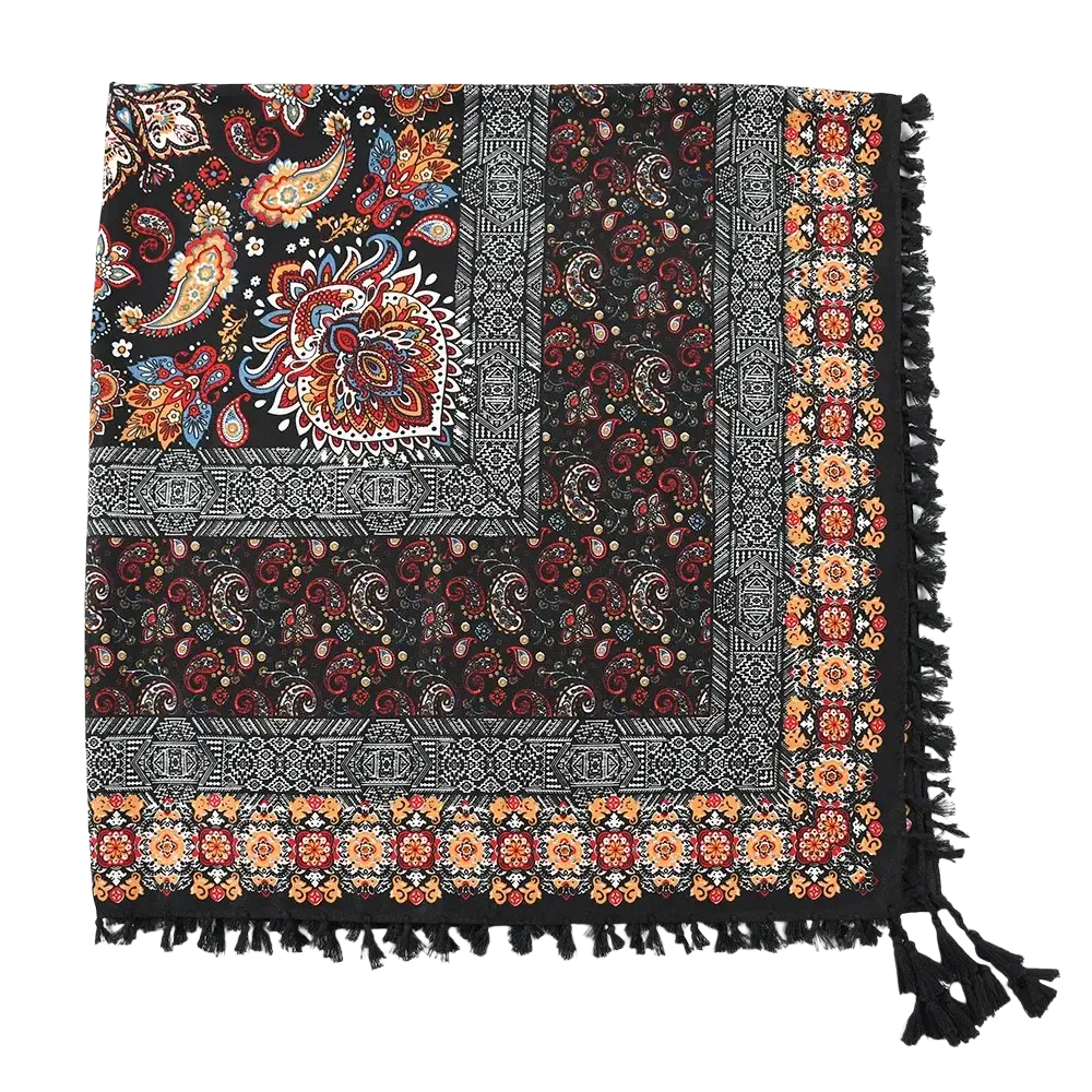 Bohemian floral square scarf tassel shawl in black with intricate orange red blue and white paisley geometric patterns and tassels