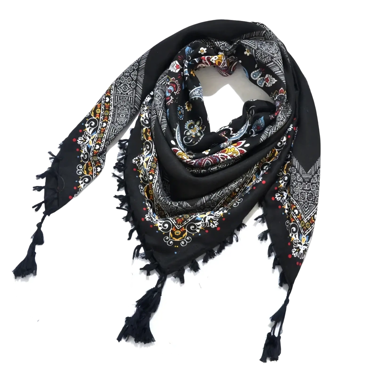 Black square bohemian floral scarf with intricate gold white red blue paisley patterns and fringed tassel edges