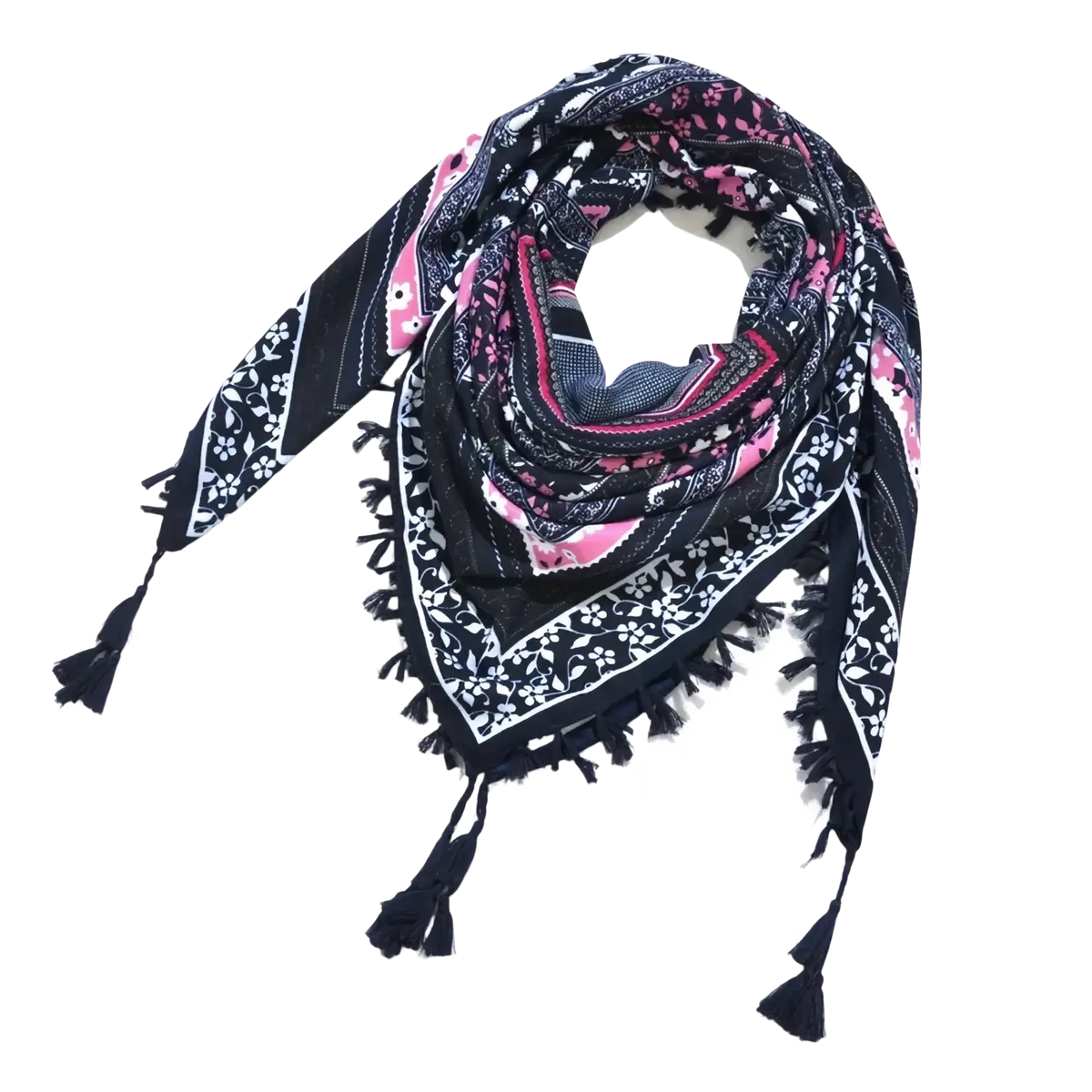 Bohemian floral square scarf tassel shawl in black and pink with white floral embroidery fringed edges and tassels
