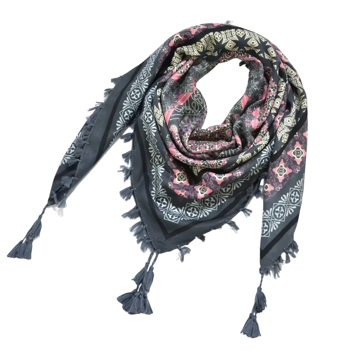 Bohemian floral square scarf tassel shawl in dark gray with pink and white geometric pattern and fringed tassel edges