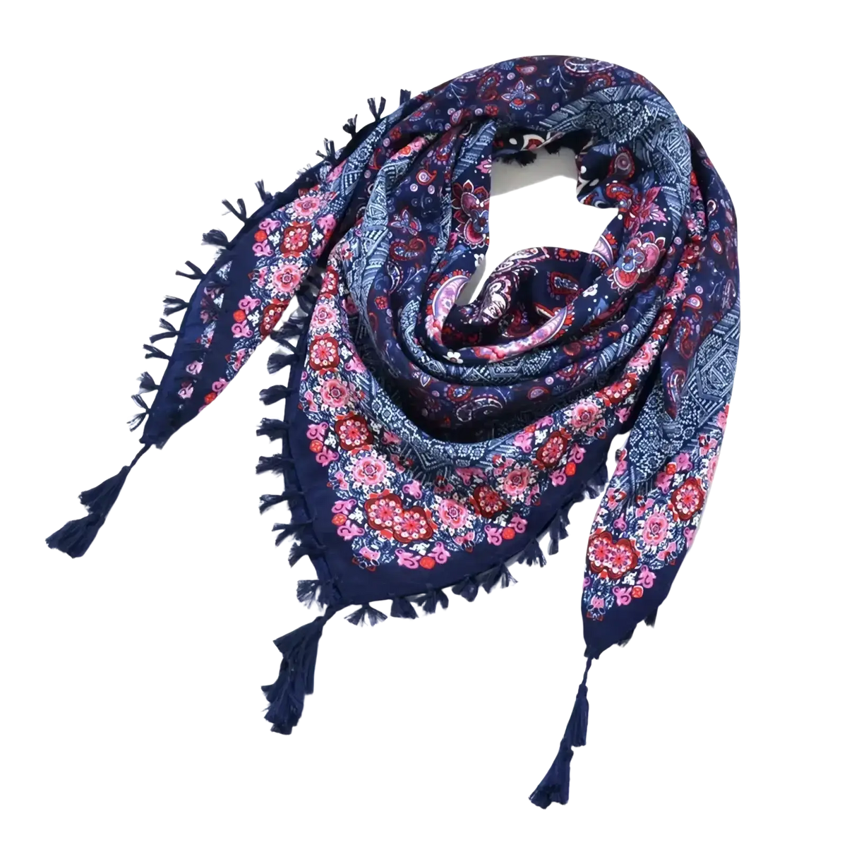 Navy blue bohemian floral square scarf with vibrant pink red white floral pattern and decorative tassel edges