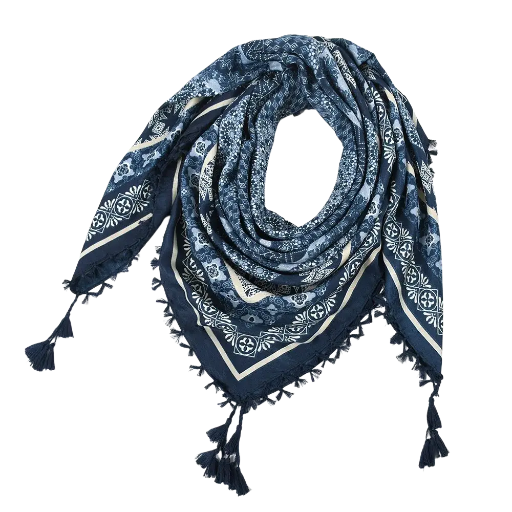 A navy blue bohemian floral square scarf with intricate white and cream geometric patterns and fringed tassels