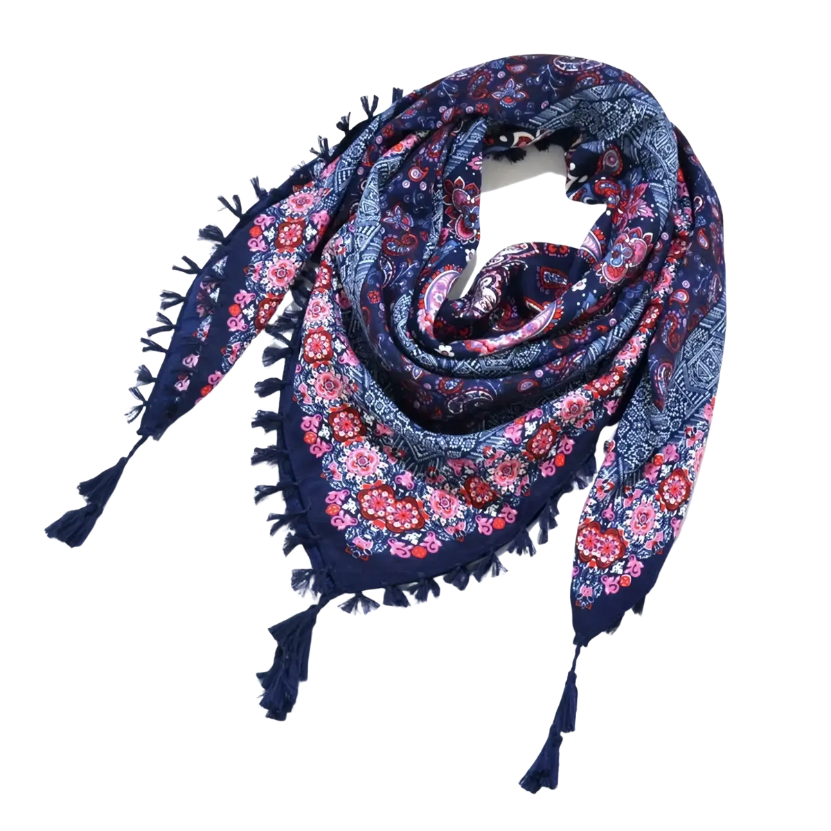 A navy blue bohemian floral square scarf with vibrant pink and red flowers, paisley designs, and dark tassels