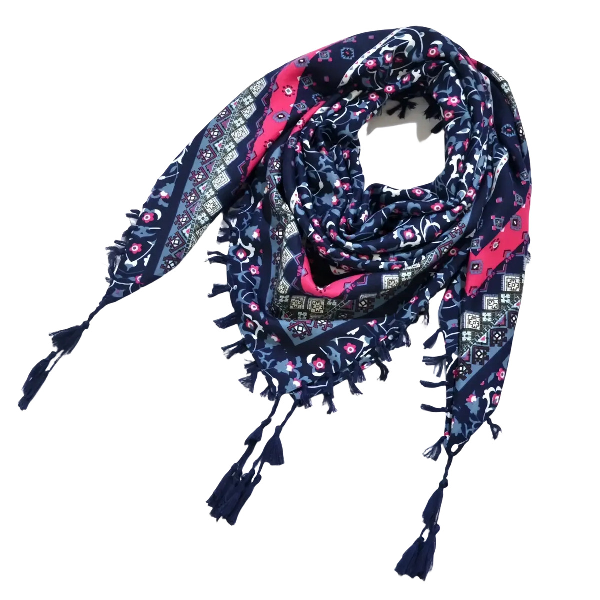 Bohemian floral square scarf tassel shawl in navy blue with pink and white floral patterns and fringed tassels