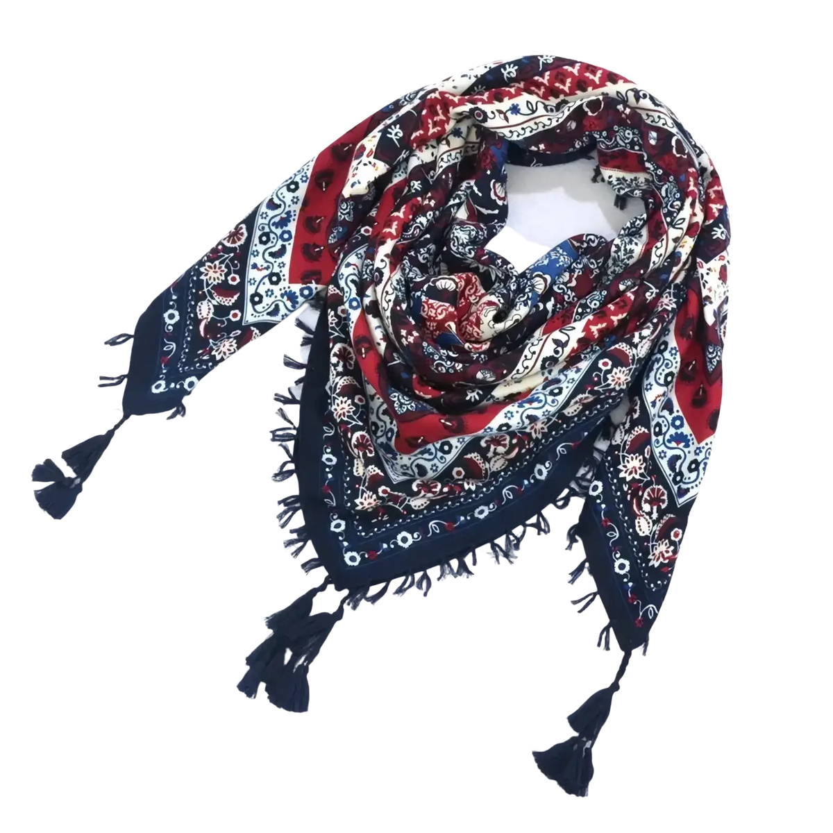 Navy blue red and white bohemian floral square scarf with tassels at each corner for stylish wear