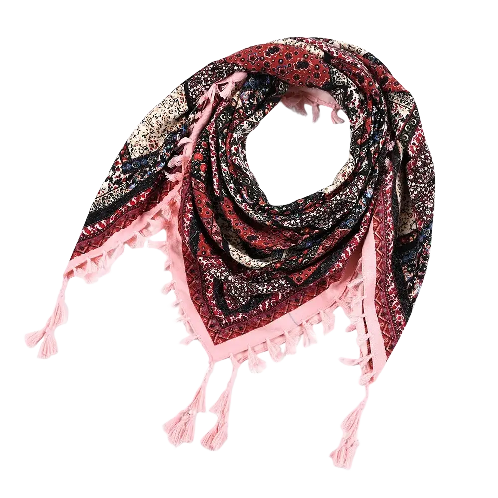 Bohemian floral square scarf tassel shawl with pink trim patterned fabric and decorative tassels