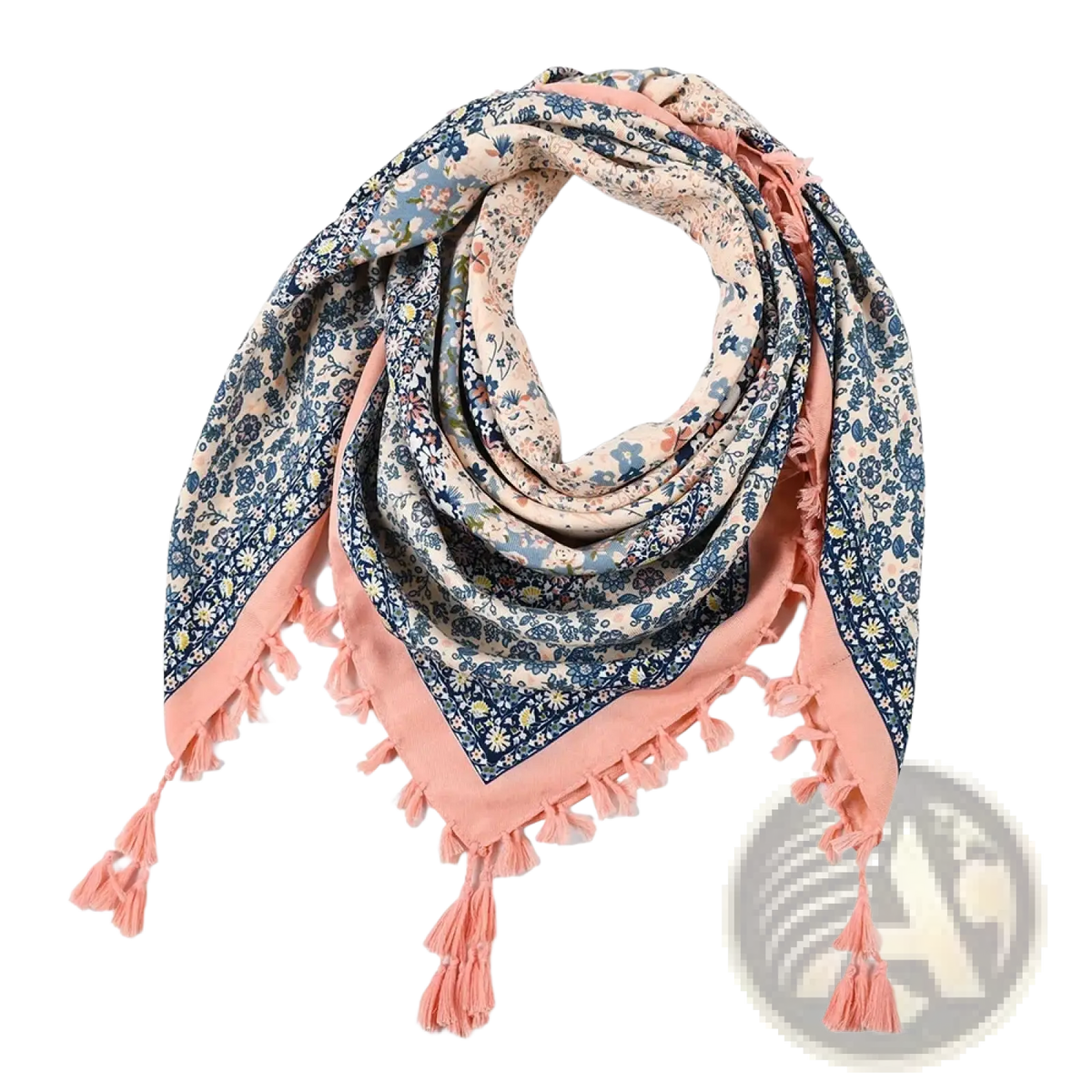 A soft peach-colored bohemian floral square scarf with delicate blue and white flowers and fringed tassel edges
