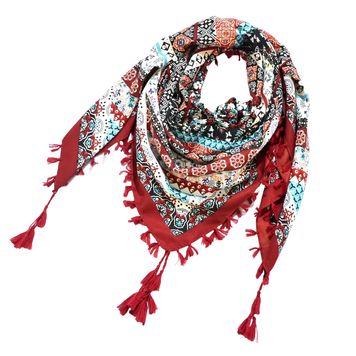 Bohemian floral square scarf with vibrant multi-patterns black white teal and red tassels floral square scarf
