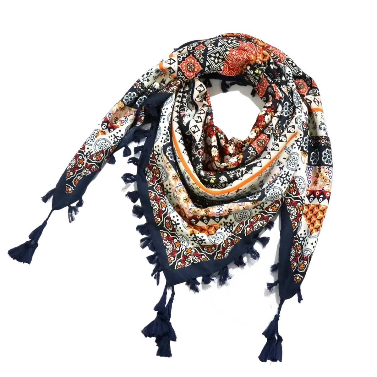 Bohemian floral square scarf with vibrant orange red black and white patterns and navy blue tassels along edges