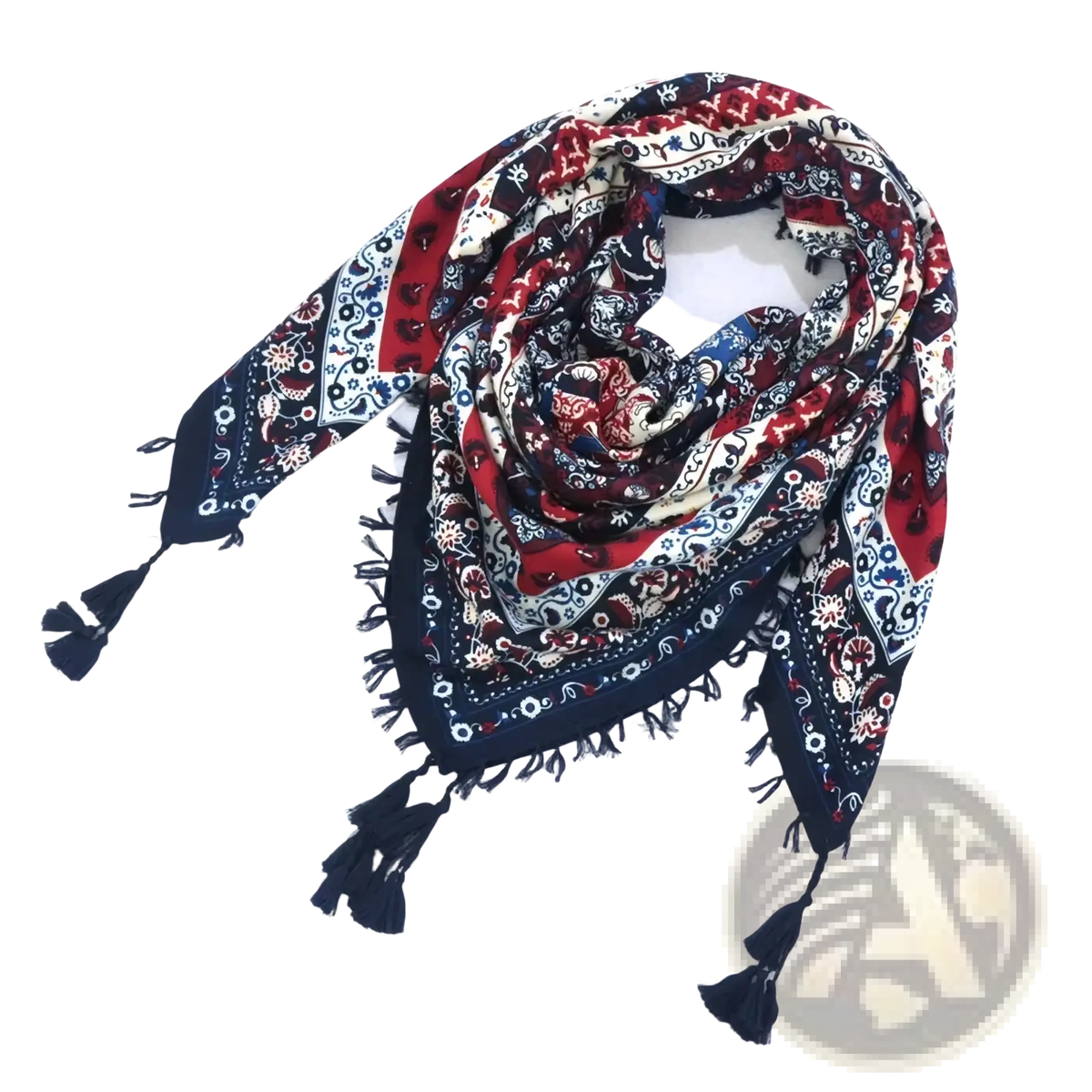 Bohemian floral square scarf tassel shawl in vibrant red navy blue and cream paisley with fringed edges and tassels