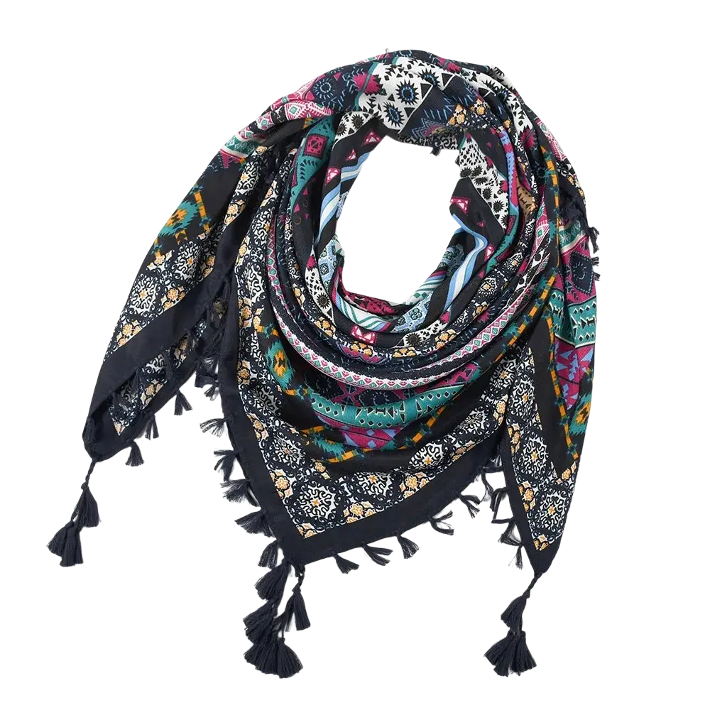 Bohemian floral square scarf tassel shawl with bold black teal pink white and gold geometric floral pattern and tassels