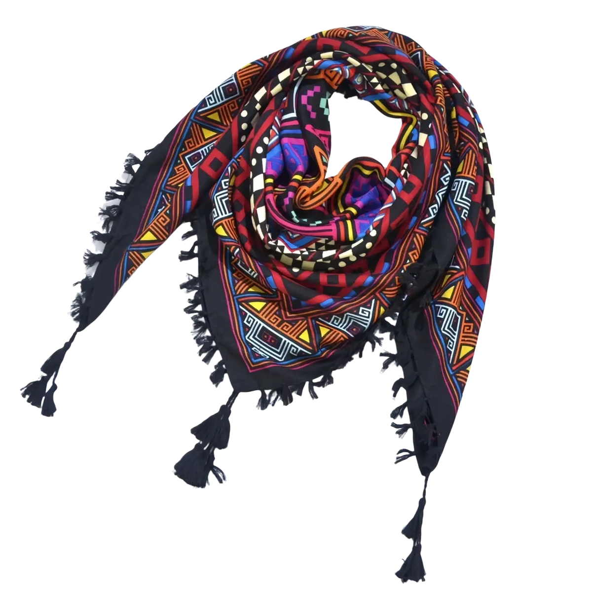 Bohemian floral square scarf tassel shawl featuring vibrant red blue yellow and purple geometric pattern with fringed edges