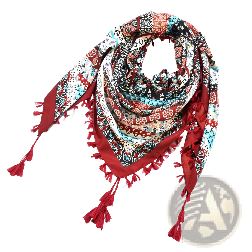 Bohemian floral square scarf tassel shawl with vibrant multi-colored geometric patterns and bold red border tassels