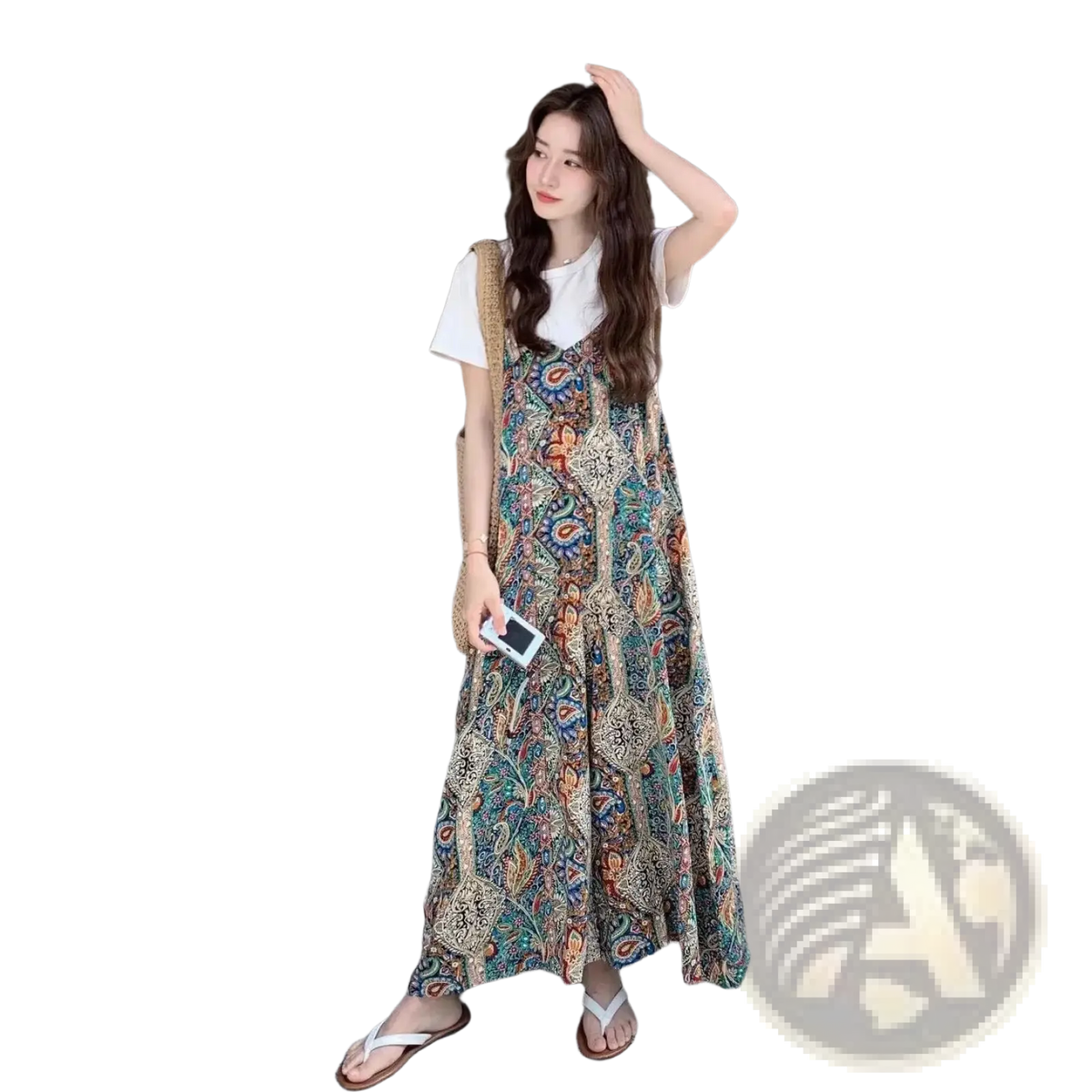 A flowing long-sleeved maxi dress with vibrant teal gold and rust paisley pattern in a bohemian floral style
