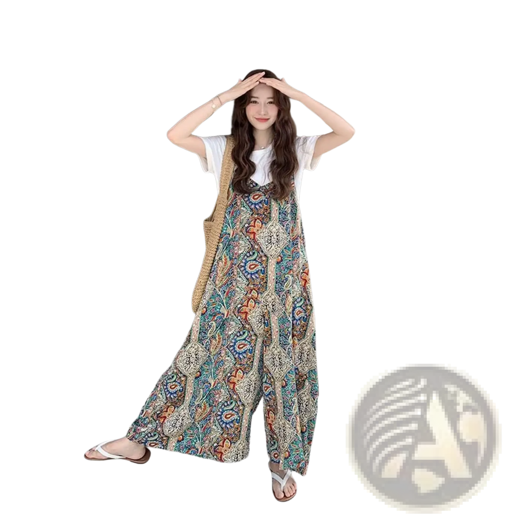 Bohemian floral wide leg jumpsuit in flowing multi-colored paisley pattern with sleeveless relaxed fit design