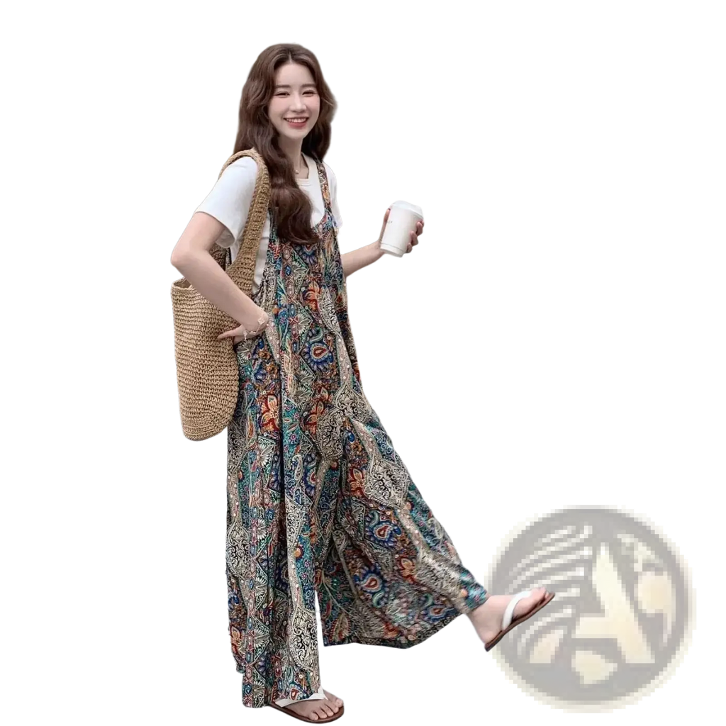 A woman wearing a bohemian floral wide leg jumpsuit with long sleeves earthy tones and intricate paisley designs