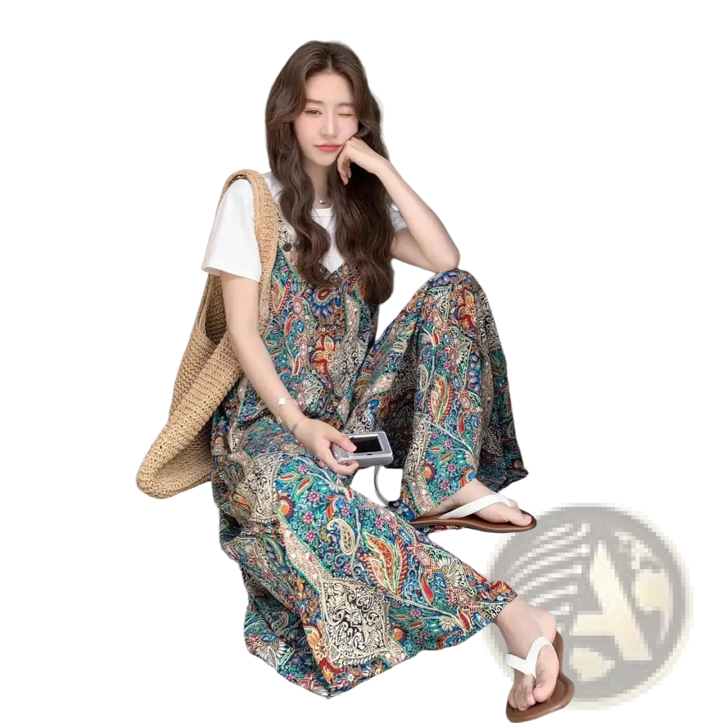A woman wears a vibrant bohemian floral wide leg jumpsuit with teal, orange, red, and cream paisley patterns