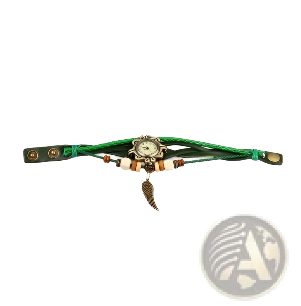 Bohemian green braided leather wristwatch with vintage metal face and attached feather charm in angel wing design