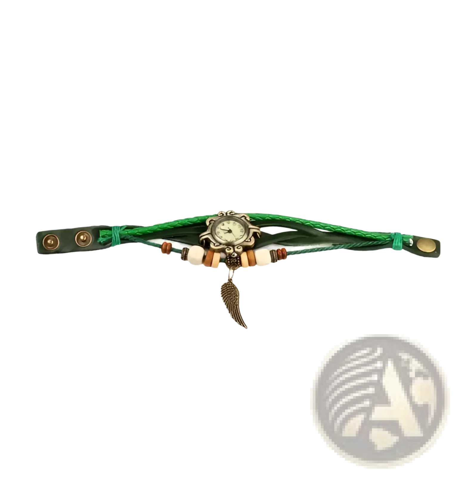 Bohemian green braided leather wristwatch with vintage metal face and attached feather charm in angel wing design