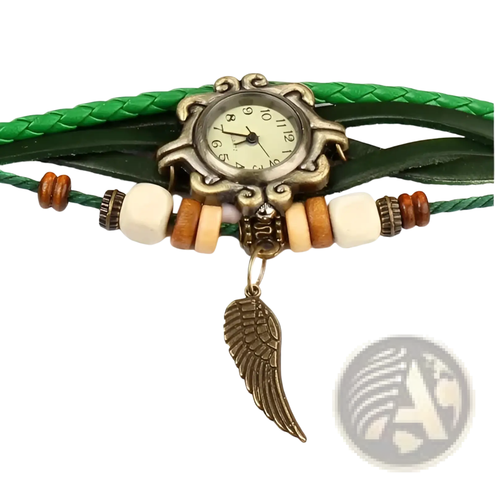 Antique brass sunburst watch with cream dial on green braided leather straps featuring wooden beads and angel wing charm