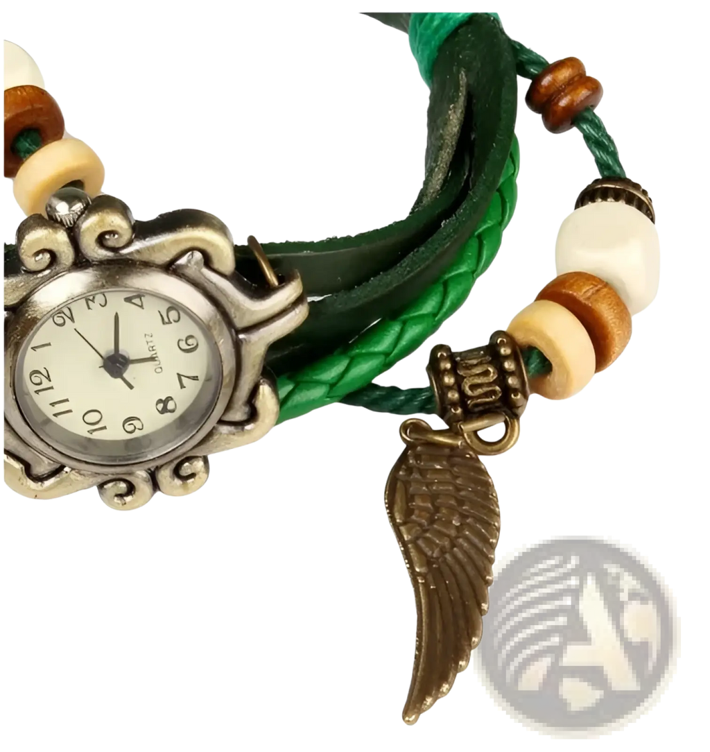 Bohemian green braided leather wristwatch with an ornate bronze-toned case and dangling angel wing charm