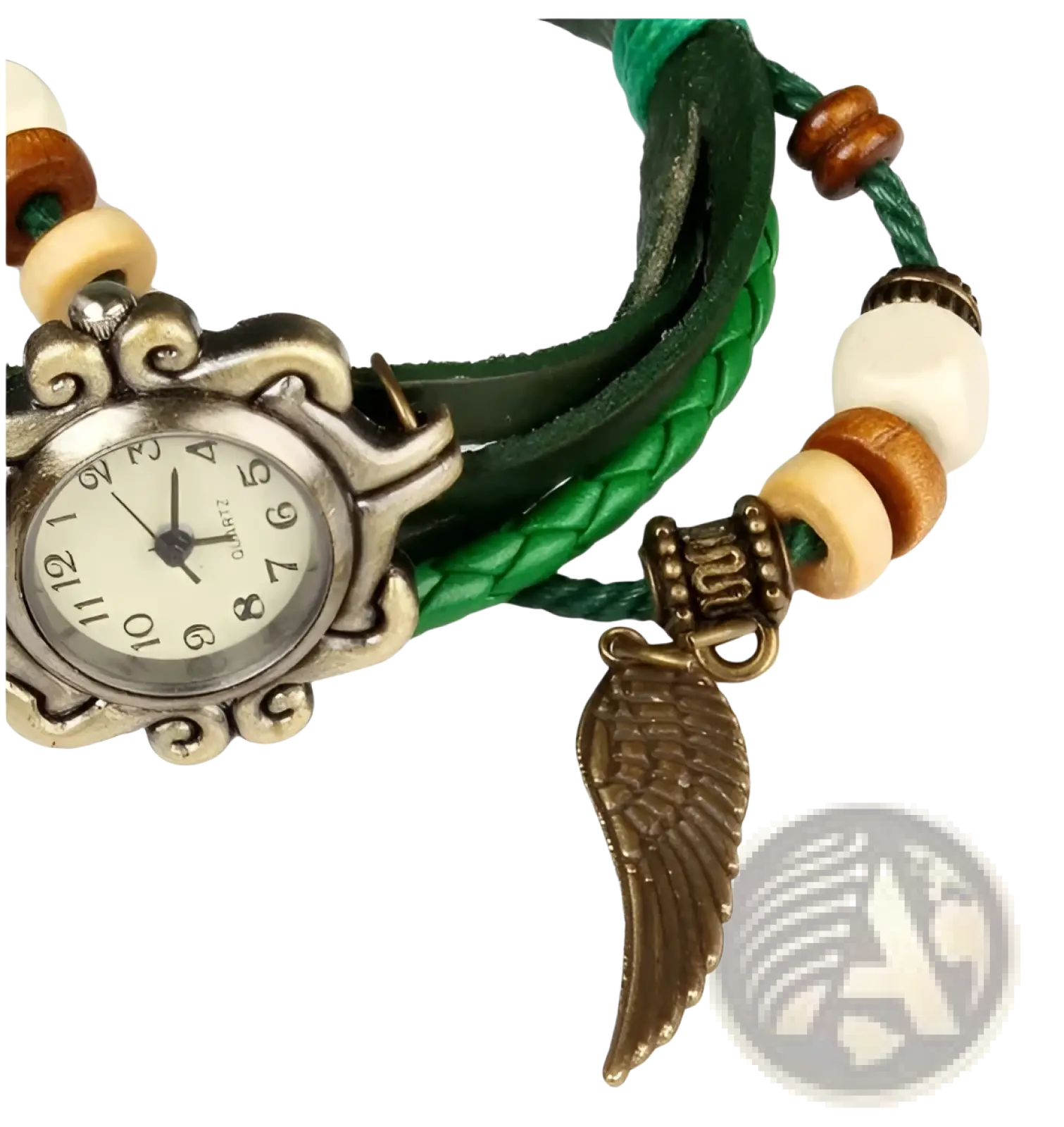 Bohemian green braided leather wristwatch with an ornate bronze-toned case and dangling angel wing charm