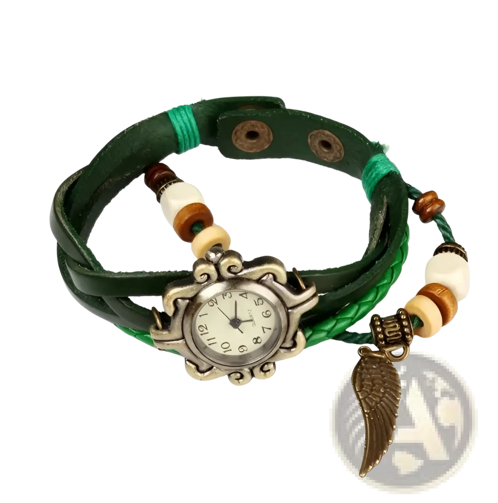 Bohemian green braided leather watch with wooden and white beads, vintage silver face, and bronze angel wing charm