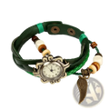 Bohemian green braided leather watch with wooden and white beads, vintage silver face, and bronze angel wing charm