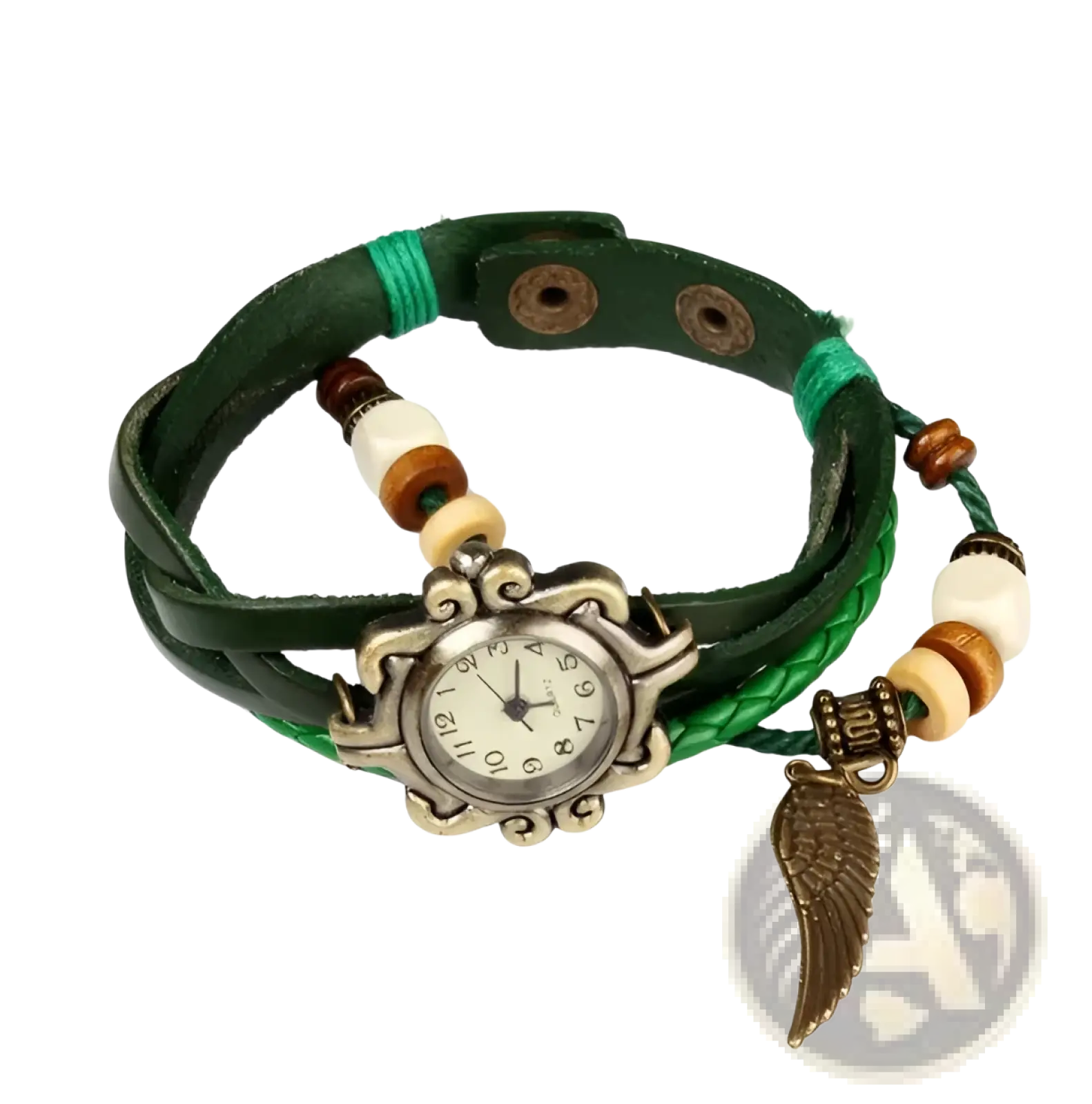 Bohemian green braided leather watch with wooden and white beads, vintage silver face, and bronze angel wing charm