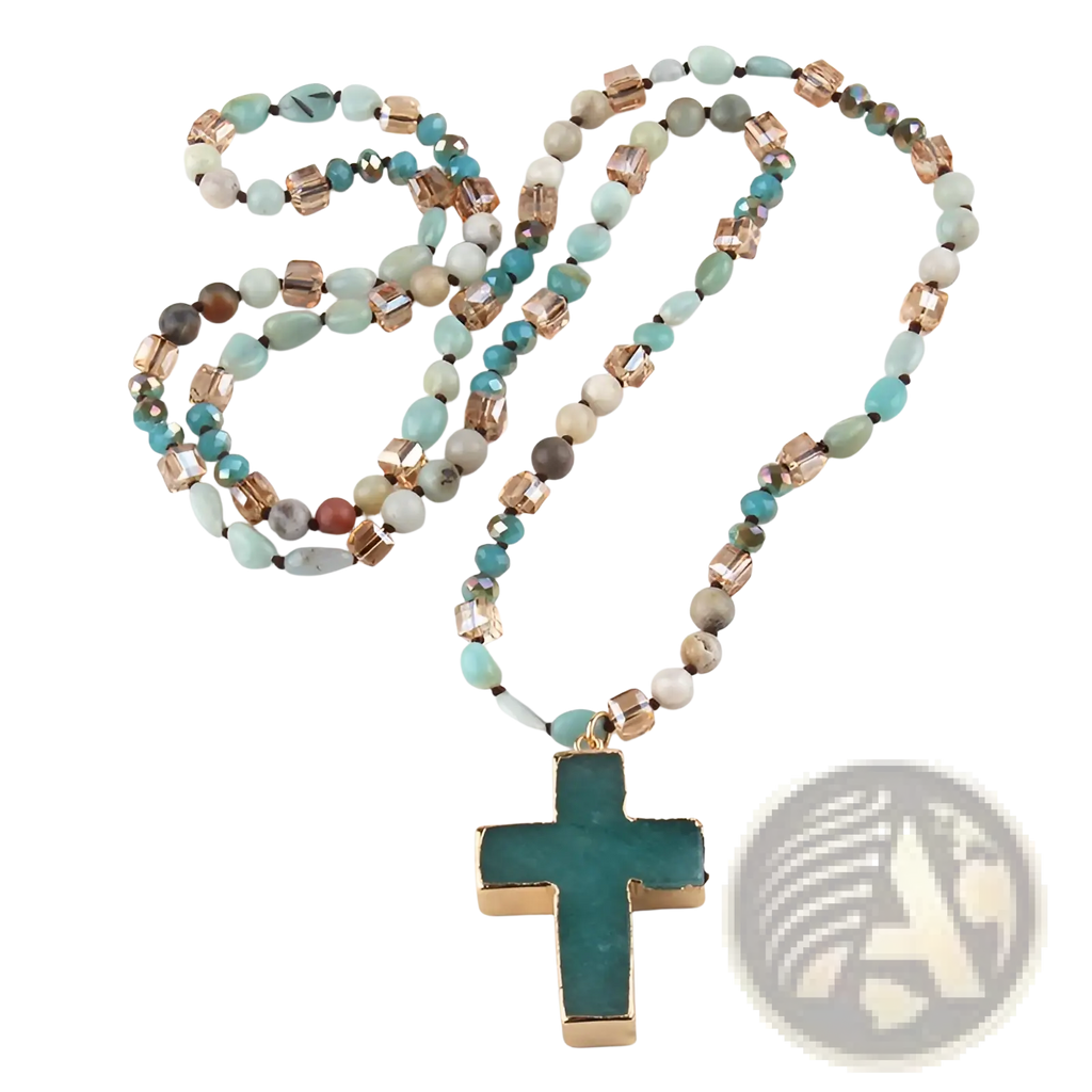 Bohemian natural stone and glass beaded cross necklace with teal and gold pendant on turquoise rose-gold chain