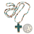 Bohemian natural stone and glass beaded cross necklace with teal and gold pendant on turquoise rose-gold chain
