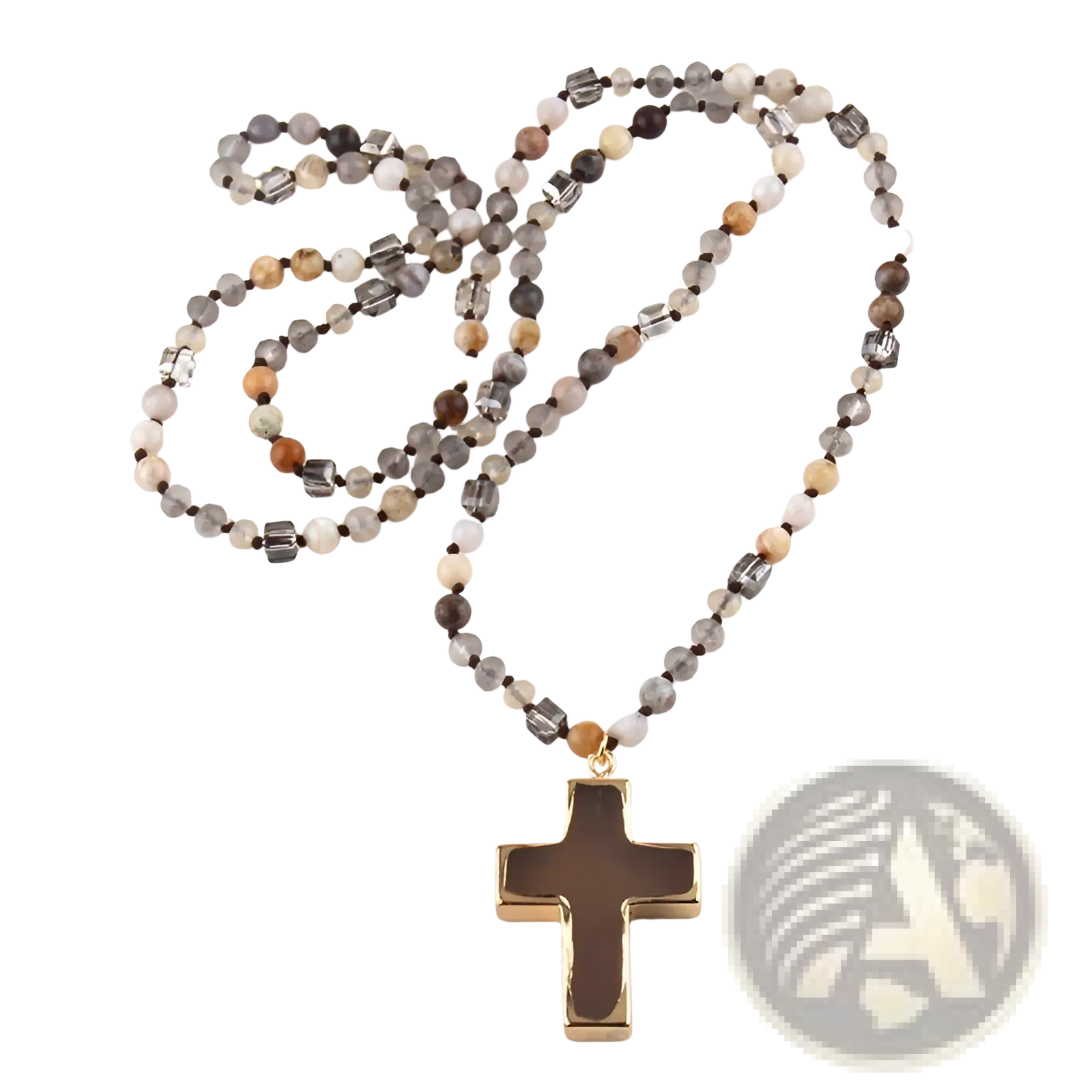 Bohemian natural stone and glass beaded cross necklace with gold-toned pendant and mixed gray beige orange stones