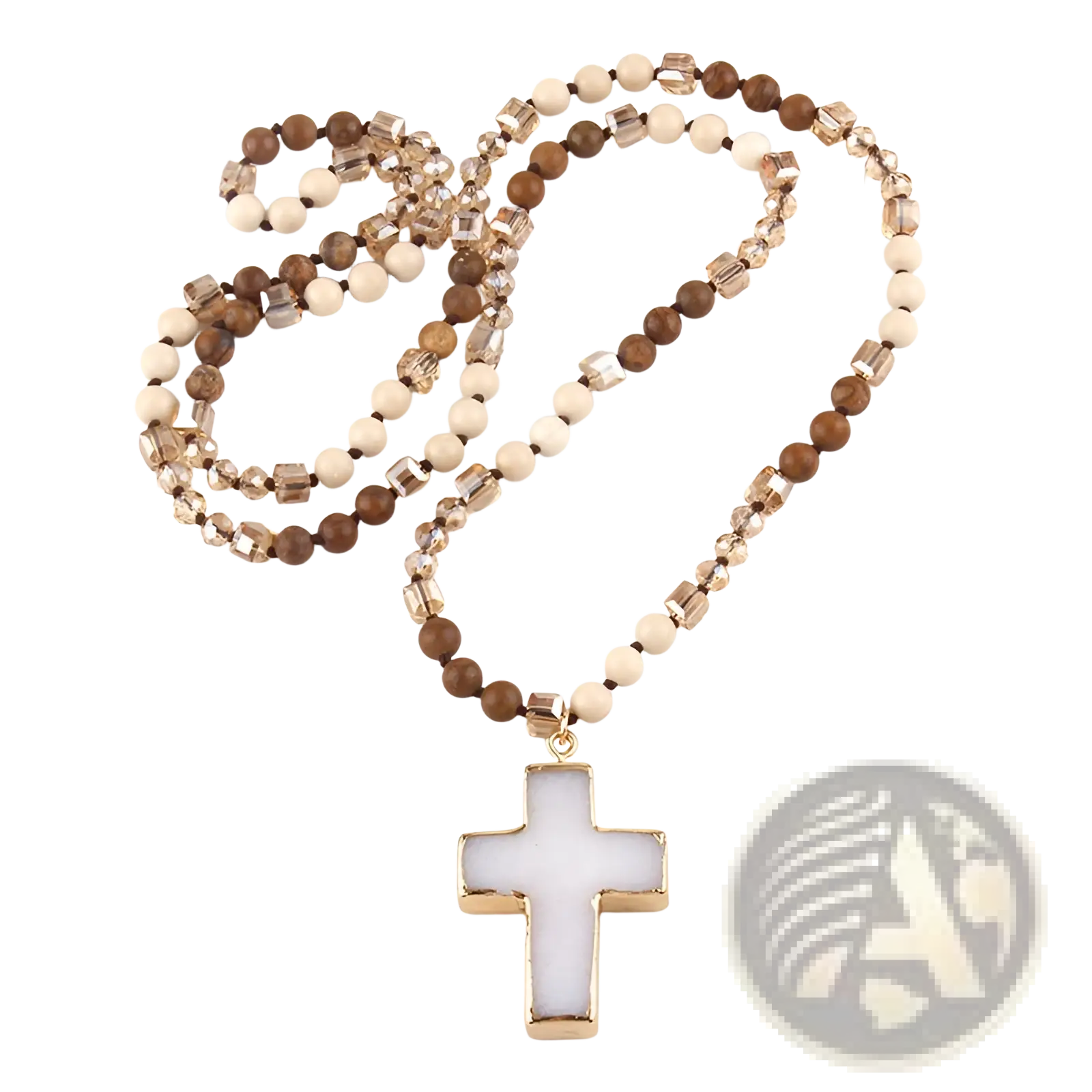 Bohemian natural stone and glass beaded cross necklace with layered brown and cream beads and a white cross pendant