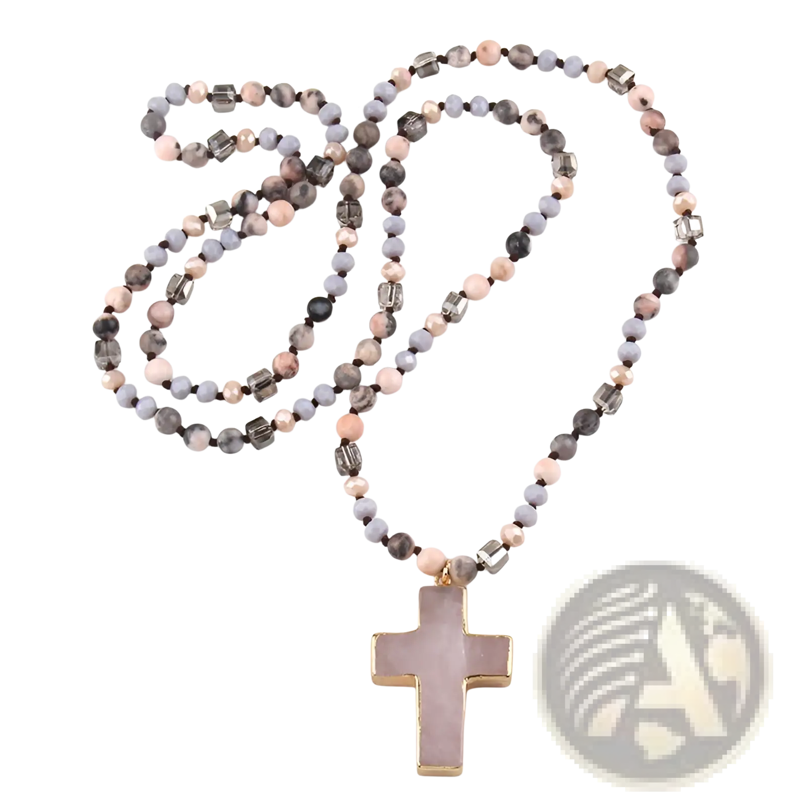 Bohemian natural stone and glass beaded cross necklace with a soft pink stone pendant and muted gray lavender peach beads