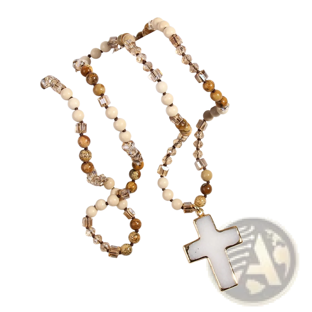 Bohemian natural stone and glass beaded cross necklace with cream and brown wooden beads and white cross pendant