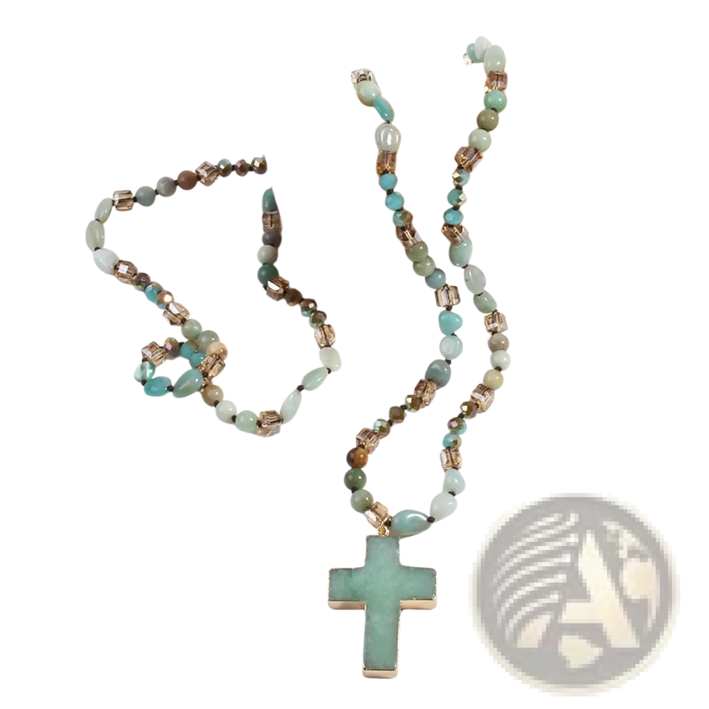 Delicate turquoise and gold-toned glass and natural stone beaded necklace with a cross pendant in bohemian style