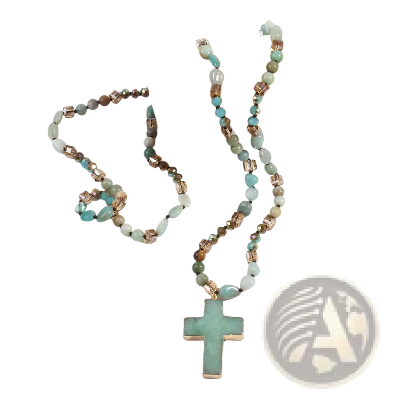 Delicate turquoise and gold-toned glass and natural stone beaded necklace with a cross pendant in bohemian style