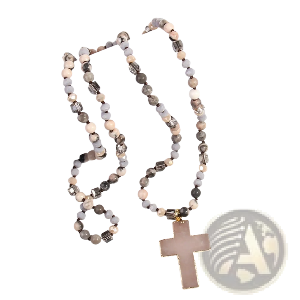 Bohemian natural stone and glass beaded cross necklace with matte and faceted beads in gray cream and earthy tones