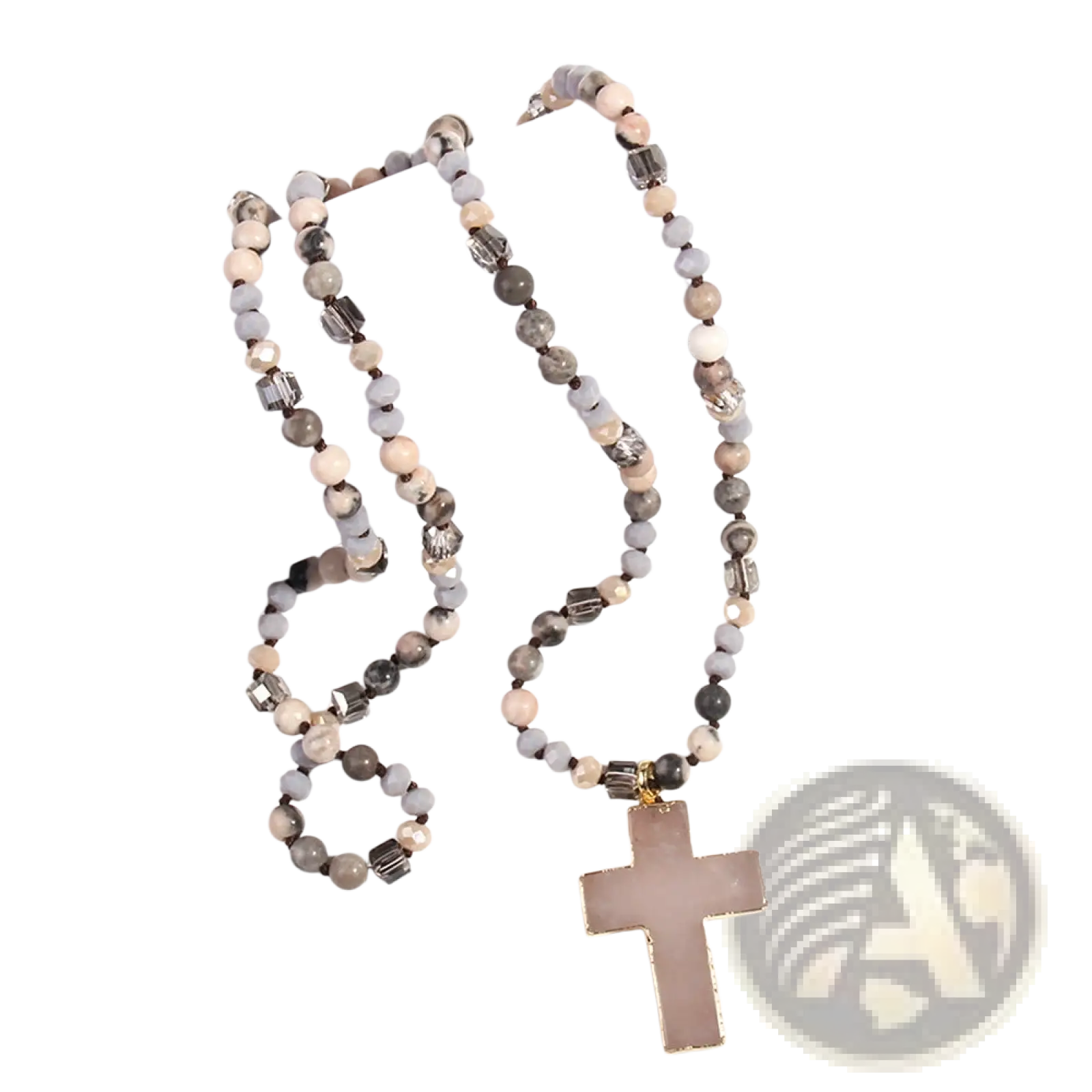 Bohemian natural stone and glass beaded cross necklace with matte and faceted beads in gray cream and earthy tones