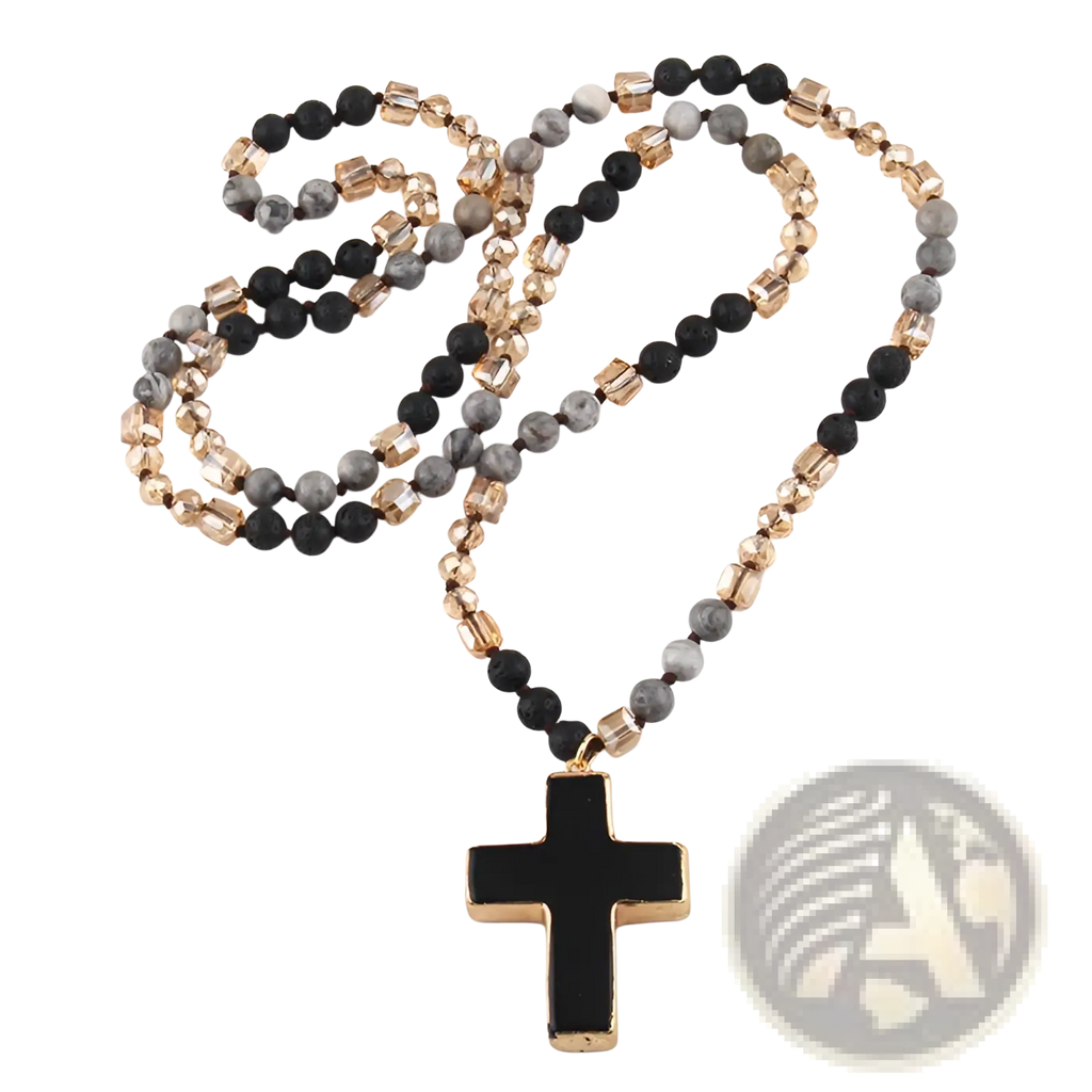 Bohemian natural stone and glass beaded cross necklace with black and gold faceted and marbled beads