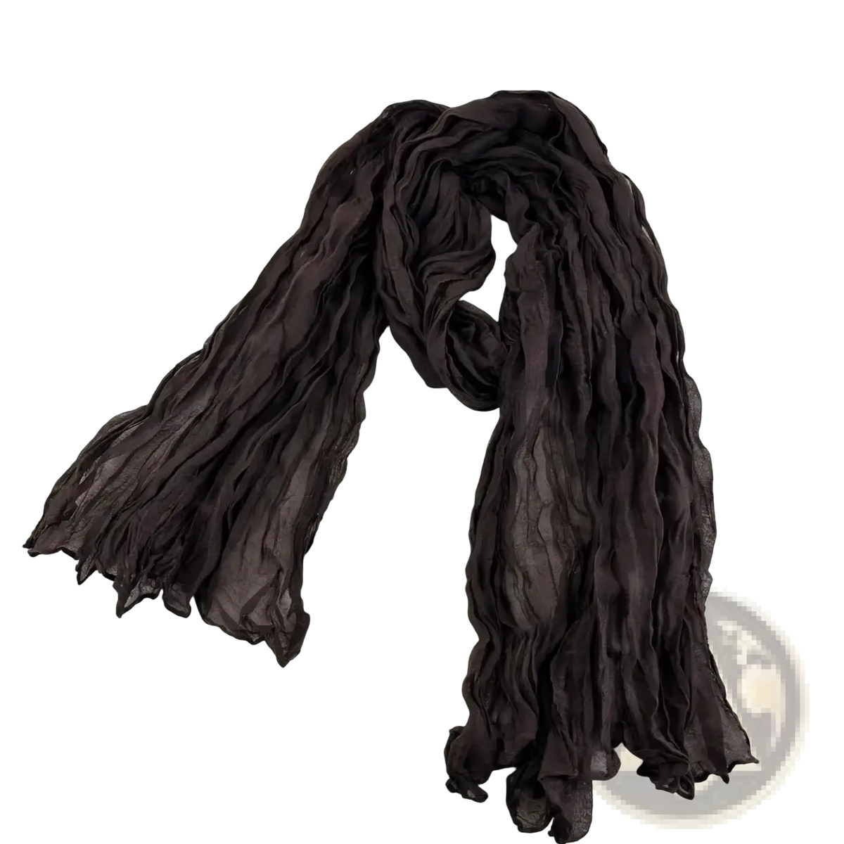 A flowing deep coffee-colored bohemian pleated cotton linen scarf with soft crinkled texture and delicate frayed edges