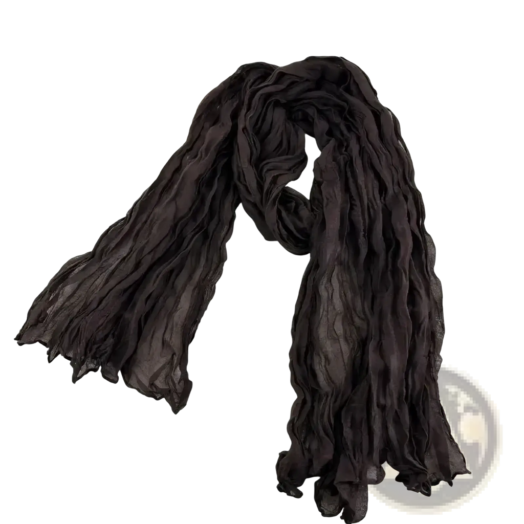 Dark brown lightweight pleated cotton linen scarf with crinkled chiffon texture and soft flowing long wrap design