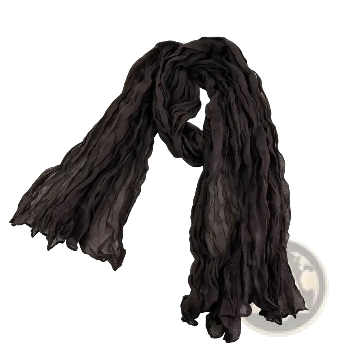 Dark brown lightweight pleated cotton linen scarf with crinkled chiffon texture and soft flowing long wrap design