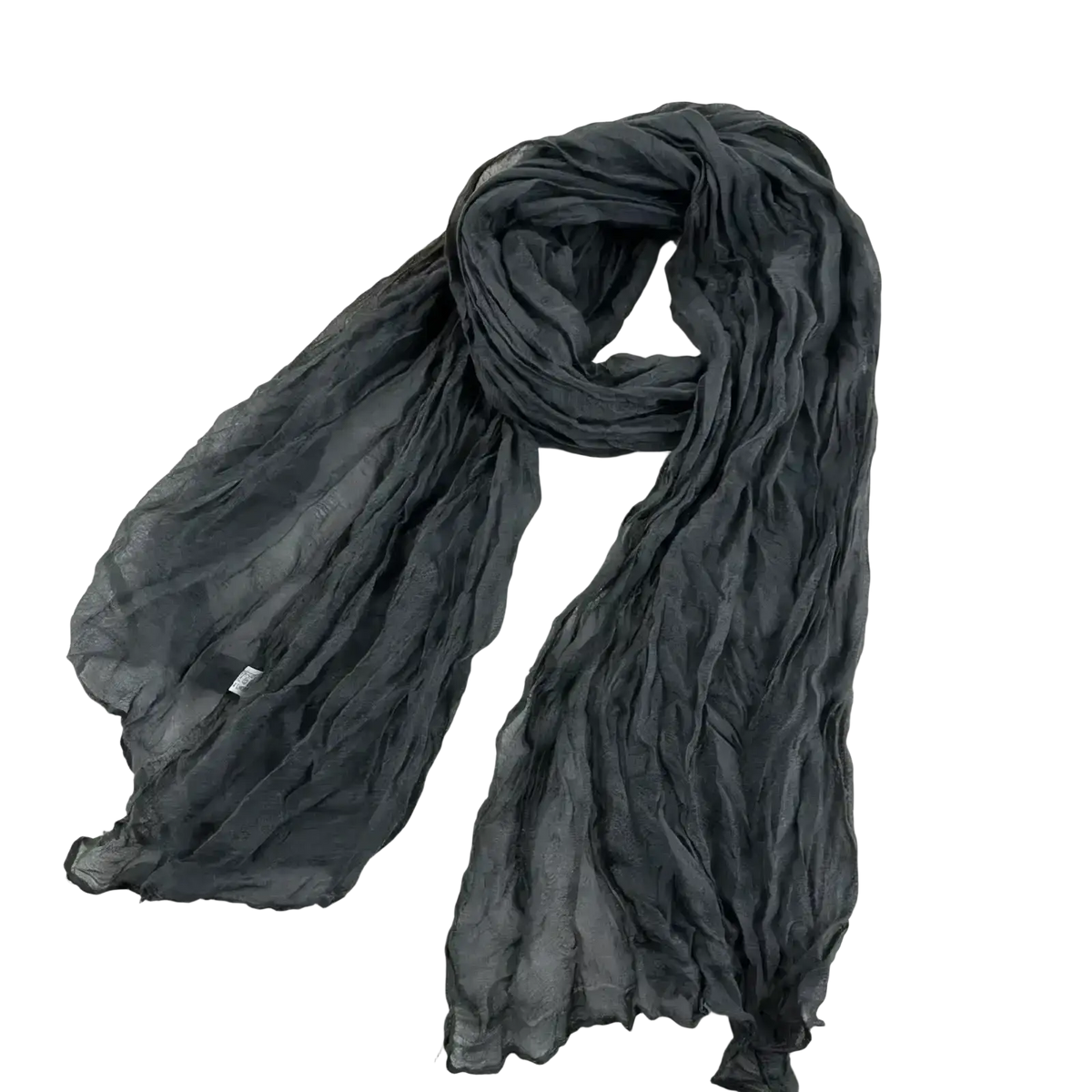 A dark gray bohemian pleated cotton linen long wrap scarf with a soft lightweight crinkled texture