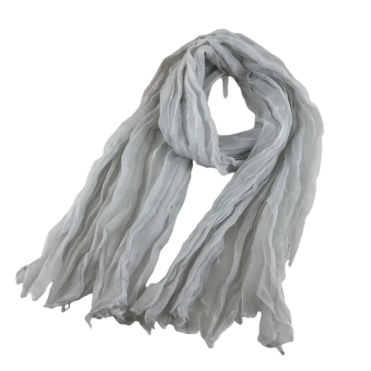 Bohemian pleated cotton linen scarf long wrap in light gray chiffon with soft ruched folds and flowing lightweight drape