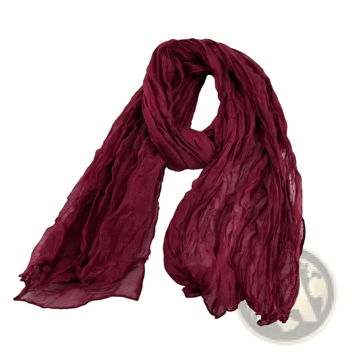 A soft crinkled maroon bohemian pleated cotton linen scarf with lightweight sheer fabric long wrap