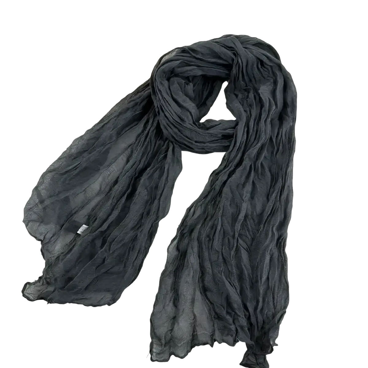 A soft dark gray bohemian pleated cotton linen scarf with a lightweight sheer crinkled fabric long wrap
