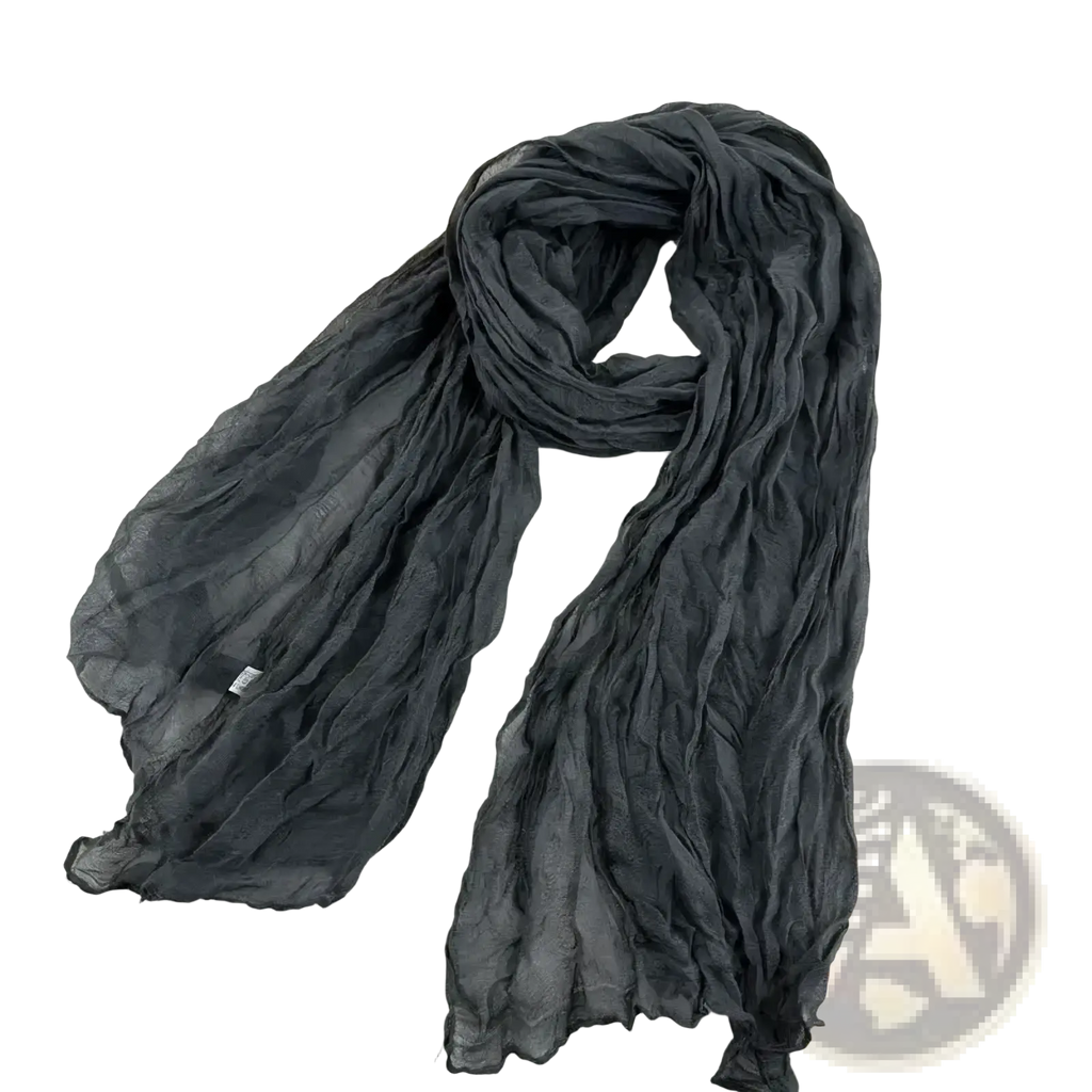 A soft dark gray bohemian pleated cotton linen scarf with a lightweight sheer crinkled fabric long wrap