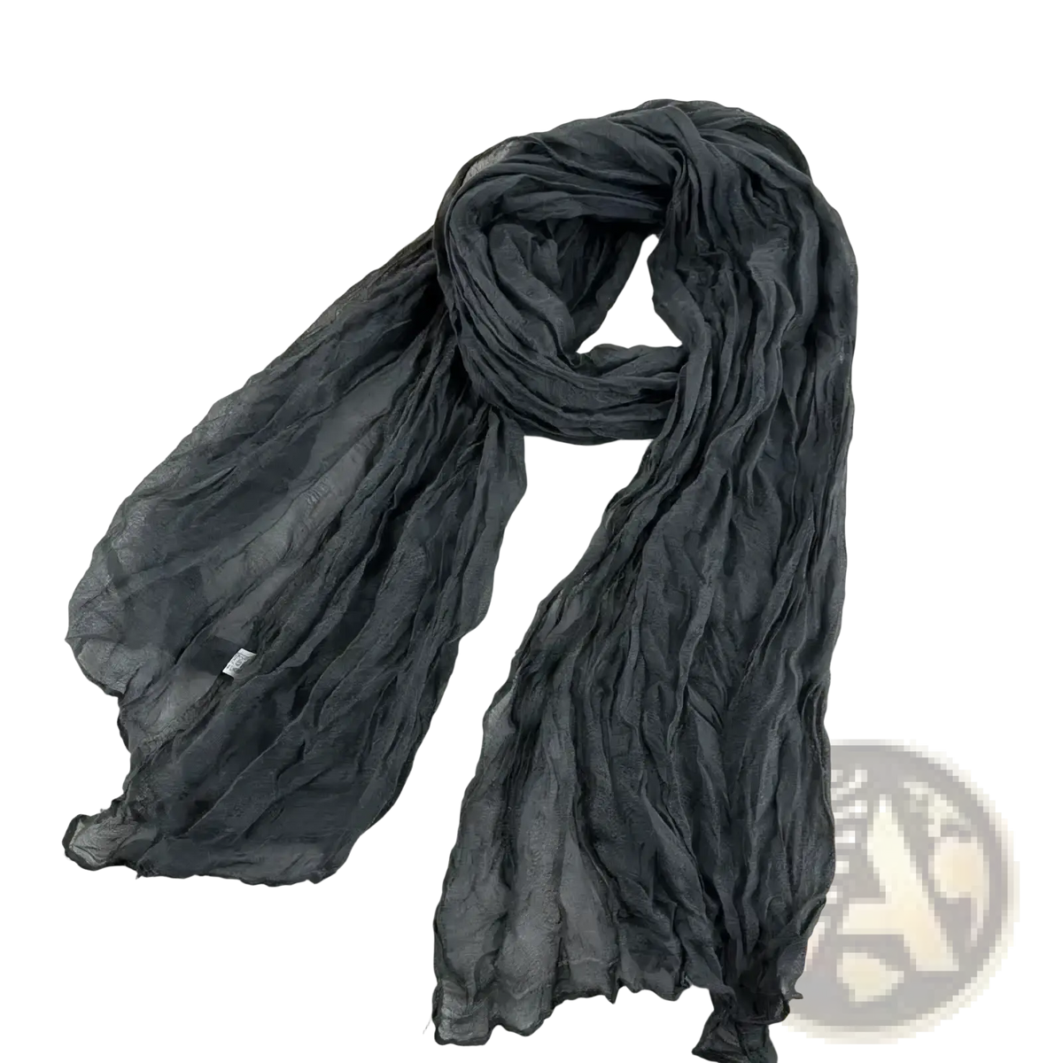A soft dark gray bohemian pleated cotton linen scarf with a lightweight sheer crinkled fabric long wrap